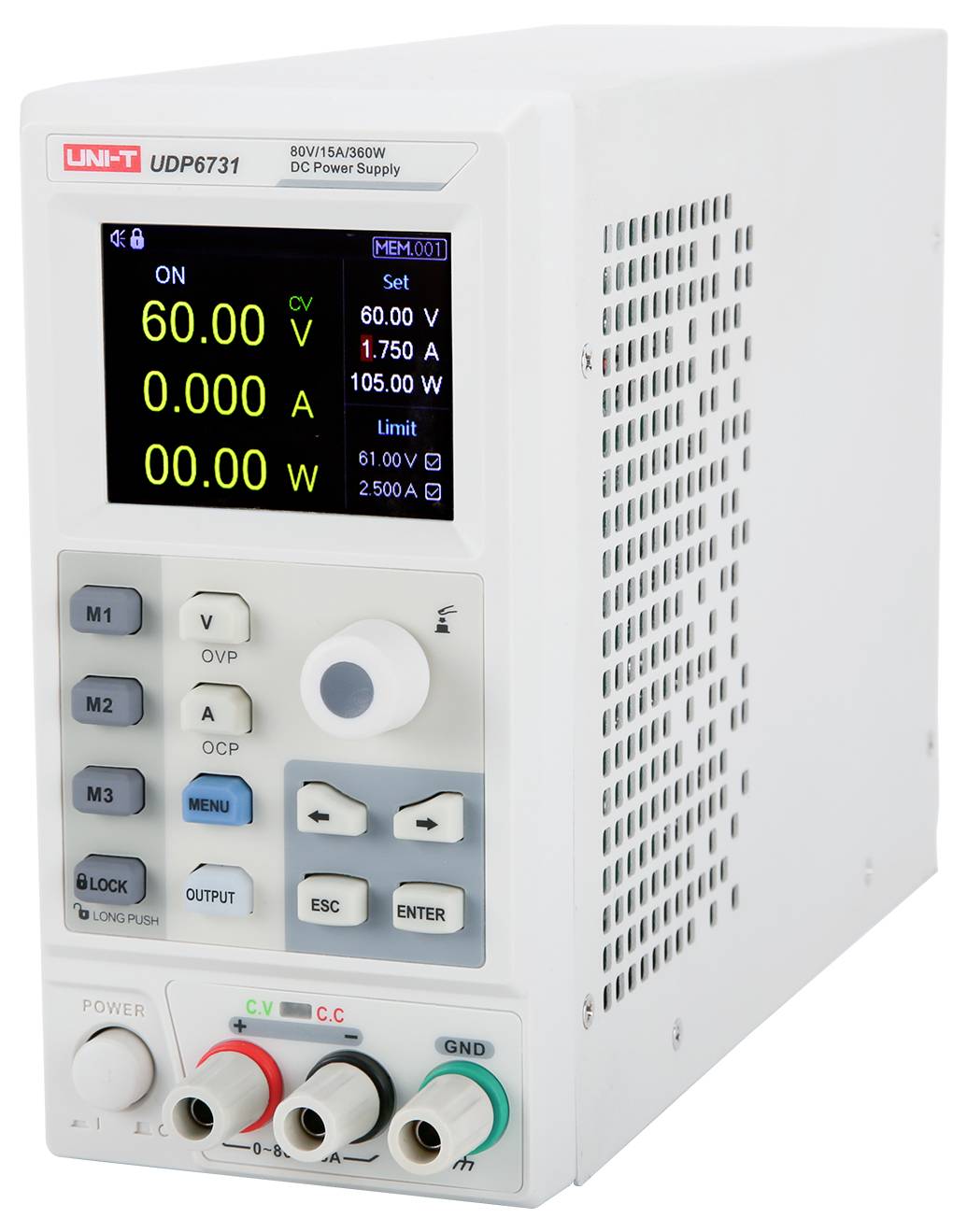 Laboratoriespänningsaggregat med digitalt display. Visar inställningar: 60V, 1,75A, 0W. Har rattar och knappar för spänningsjusteringar.
