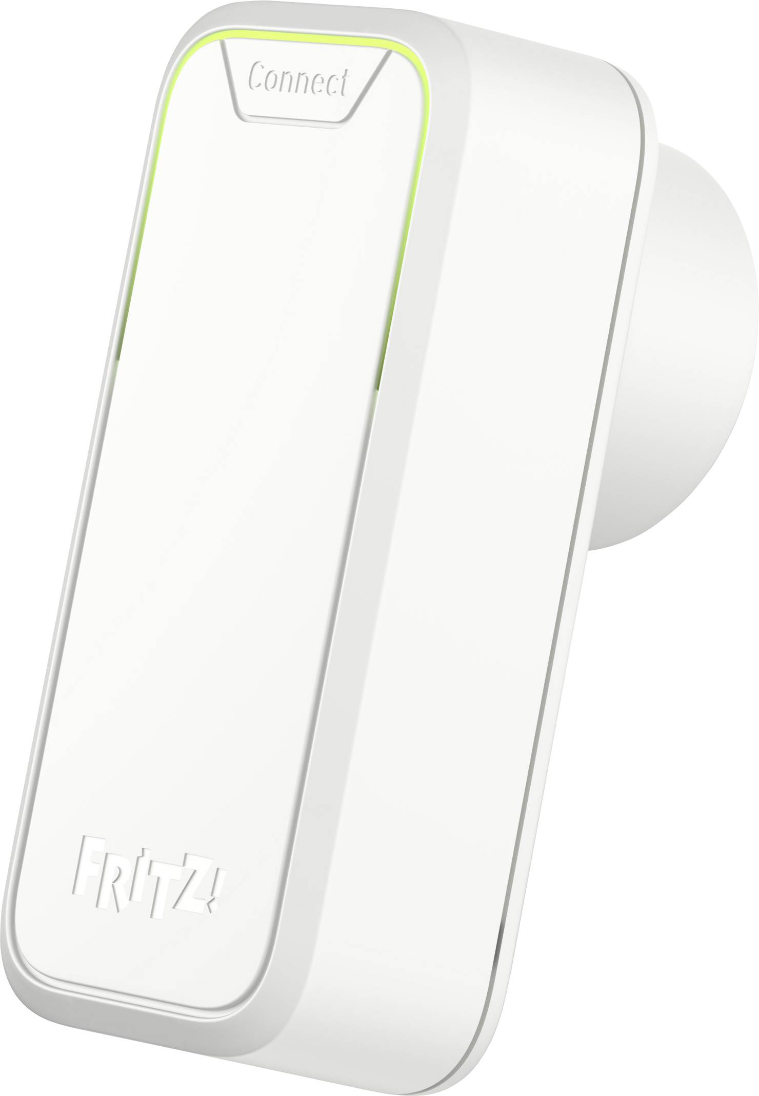 Vit, rektangulär WLAN-repeater med texten 'Fritz!' på framsidan och en LED-indikatorremsa överst.