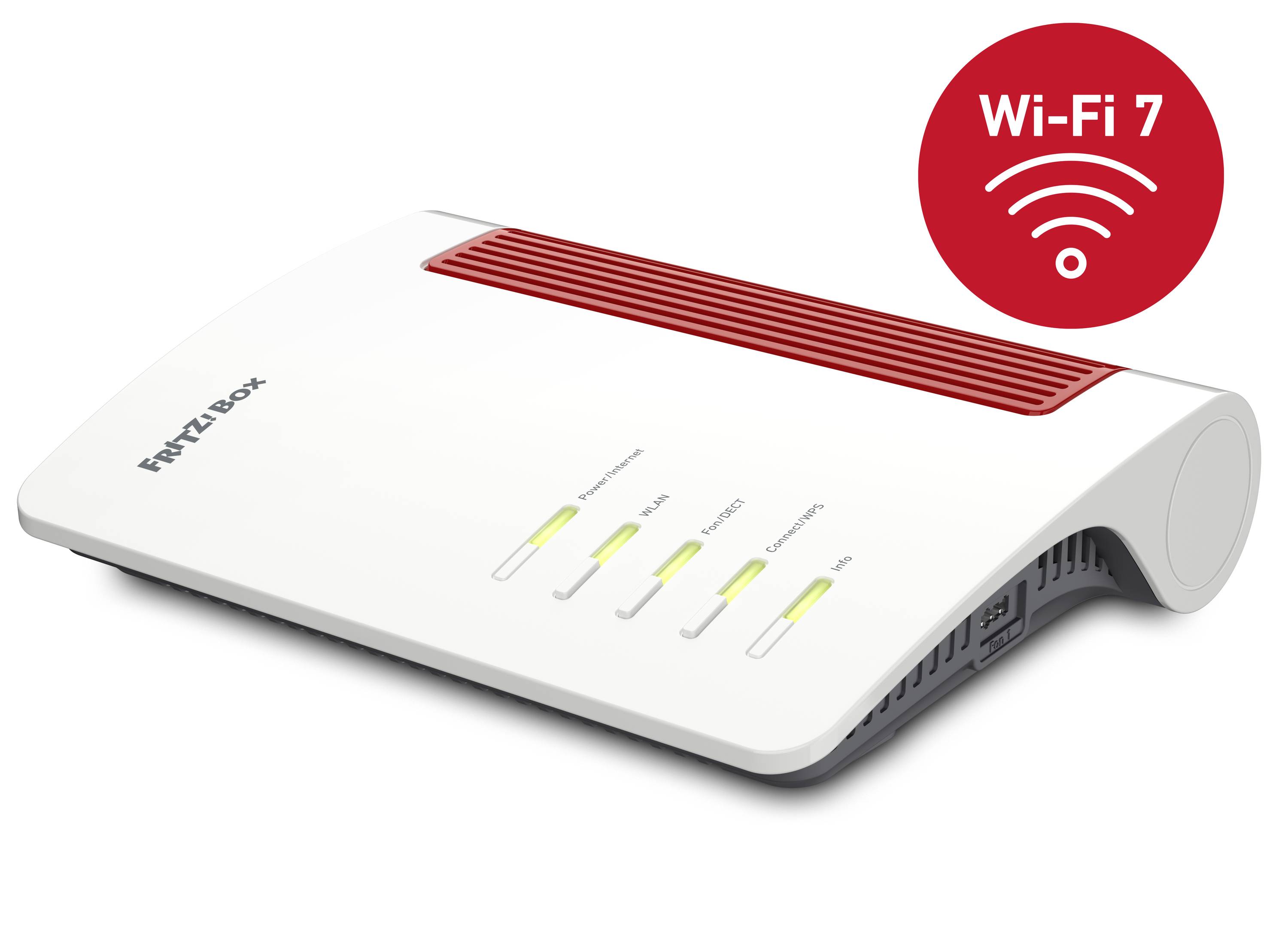 Router med röda detaljer och fyra lysande kontrollampor. Röd symbol till höger visar 'Wi-Fi 7'.