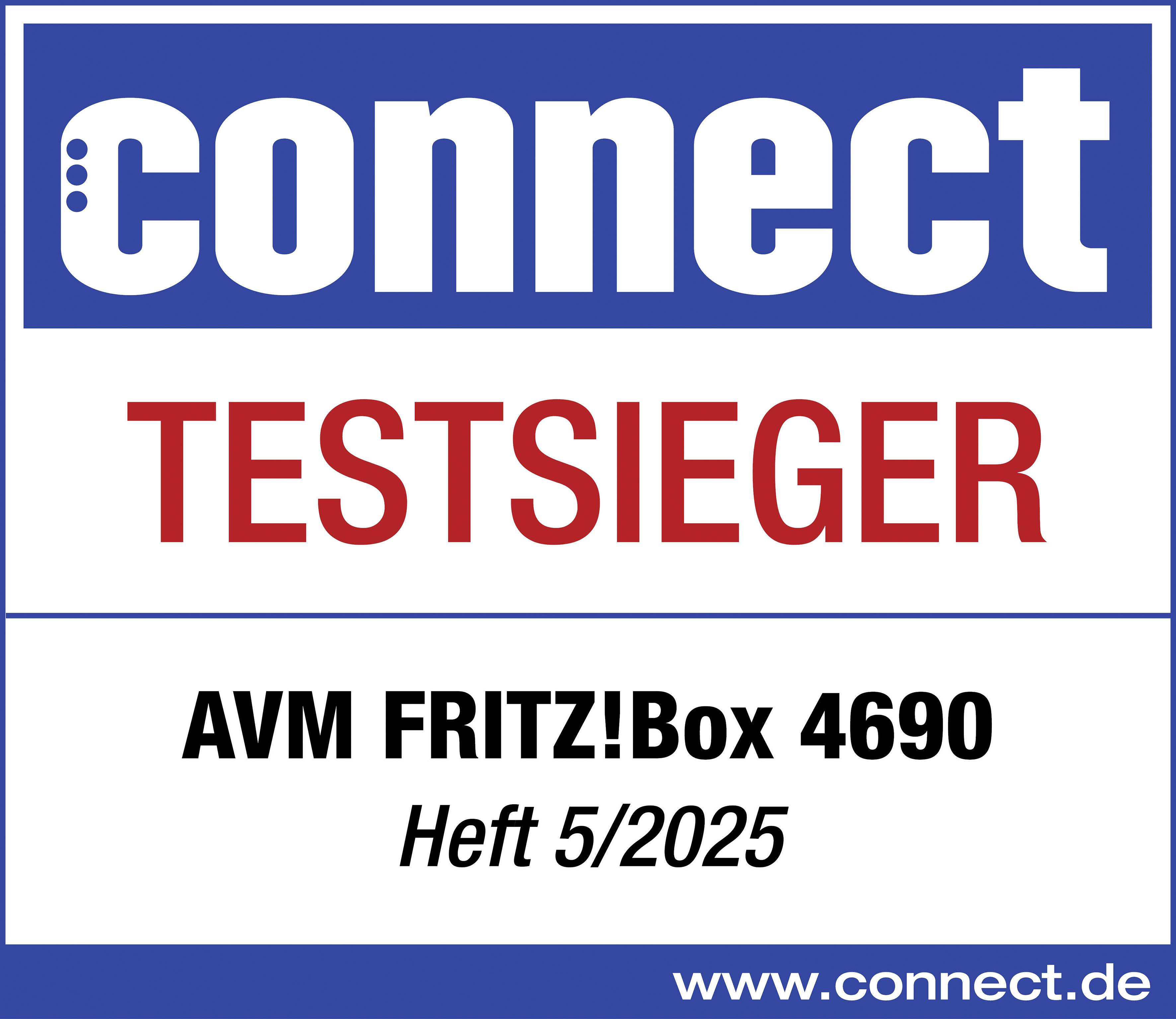 "connect TESTSIEGER AVM FRITZ!Box 4690 Heft 5/2025" på vit bakgrund, med blå logotyp högst upp och webbadress www.connect.de längst ner.