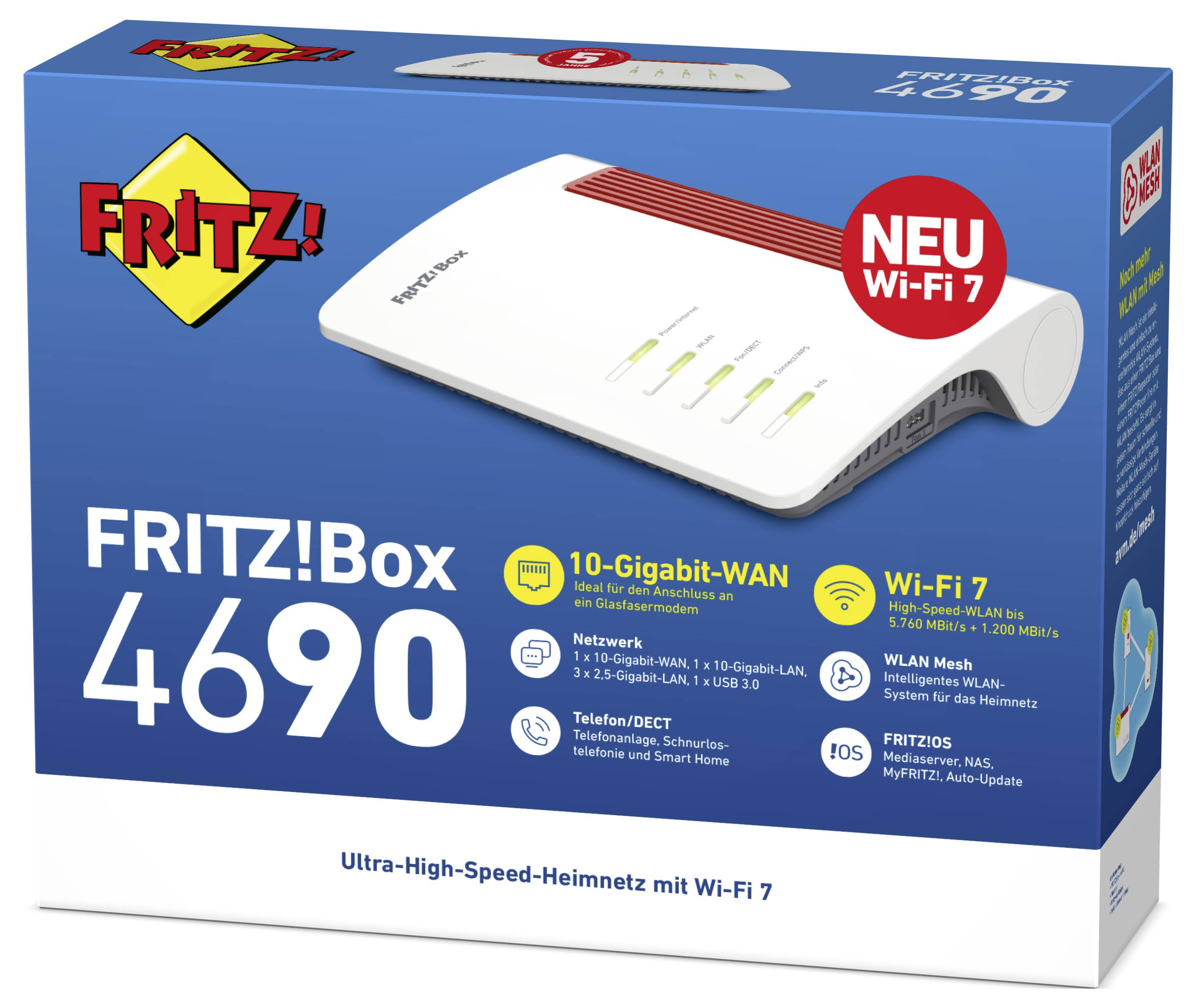 WLAN-router-förpackning märkt 'FRITZ!Box 4690'. Funktioner: 10-Gigabit-WAN, Wi-Fi 7, DECT-telefoni, Mesh-Wi-Fi-stöd.
