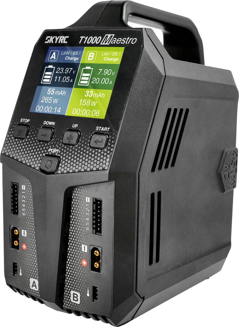 Svart-grått laddare med två laddningsportar, färgdisplay som visar laddningsinformation; märke: SKYRC T1000 Maestro.
