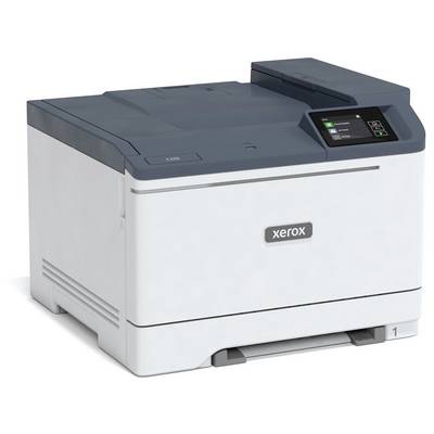 Xerox-skrivare i ljusgrått och mörkt designutförande med digitalskärm som visar status och alternativ.