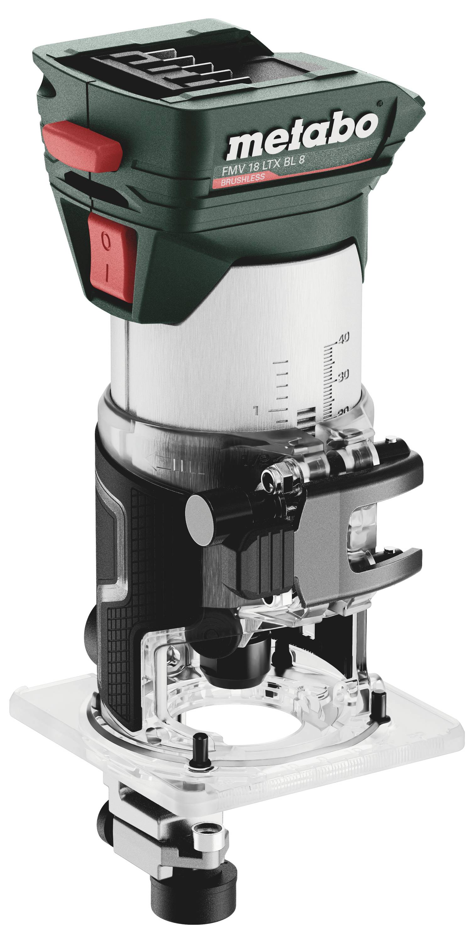 Metabo overfräs, modell 'RTV 18 LTX BL 1/4', kompakt, handhållen, för precision vid fräsarbeten, med djupinställning och dammuppsamling.