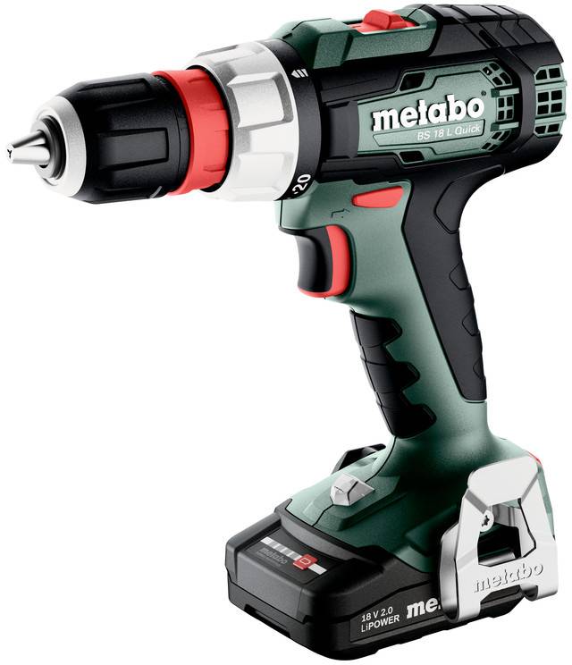 Trådlös Metabo elborr med batteripack, visad i sidovy på vit bakgrund.
