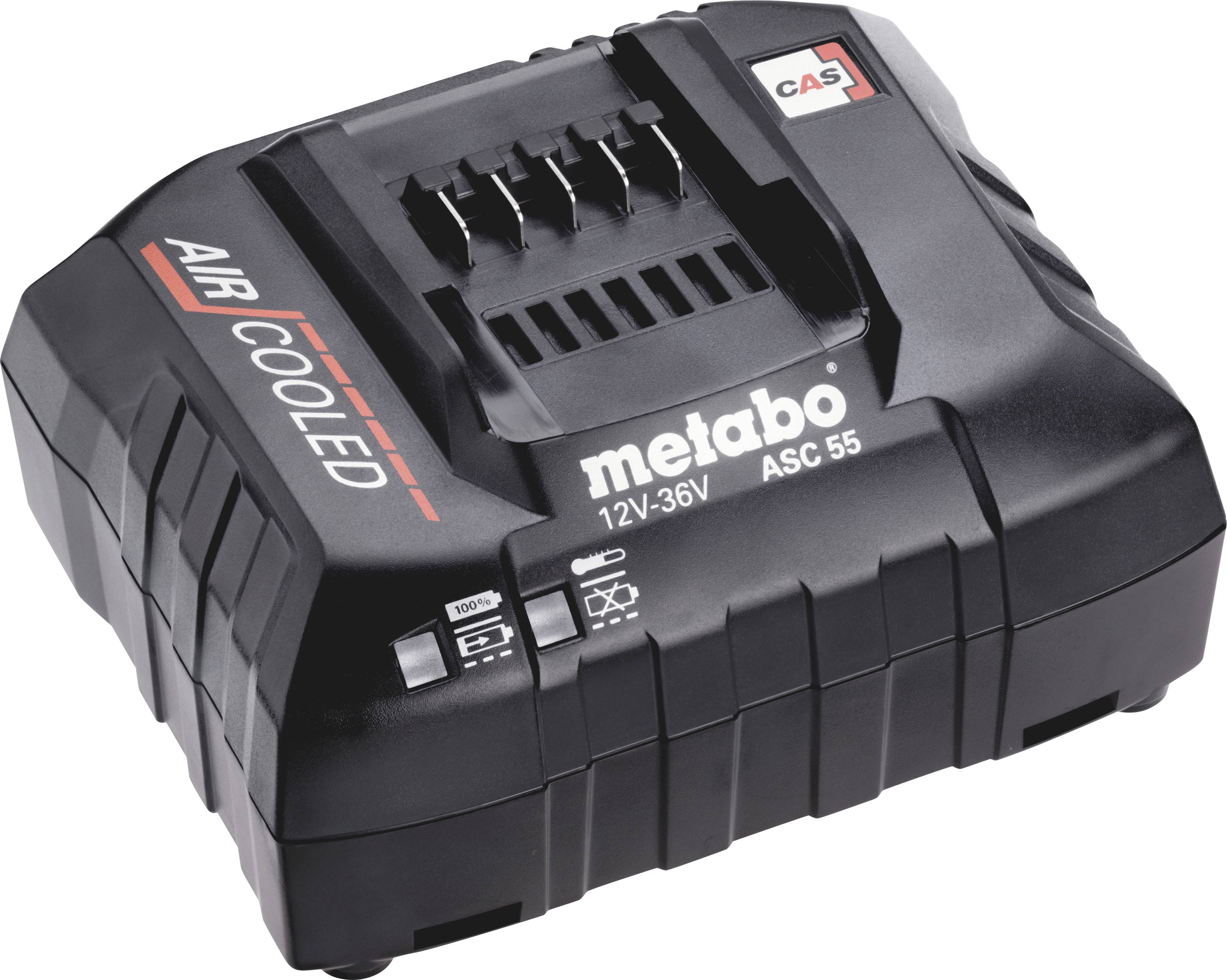 Svart Metabo-laddare med texten 'AIR COOLED', lämplig för 12V-36V batterier, modellnummer ASC 55.