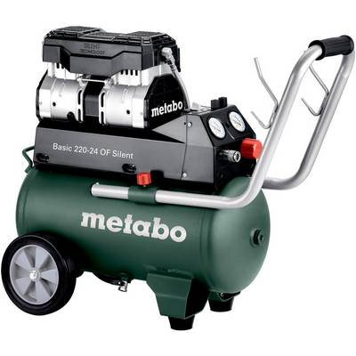 Metabo Basic 220-24 OF Tystgående luftkompressor med svart pumpsenhet, grön tank, tryckmätare, handtag och hjul.