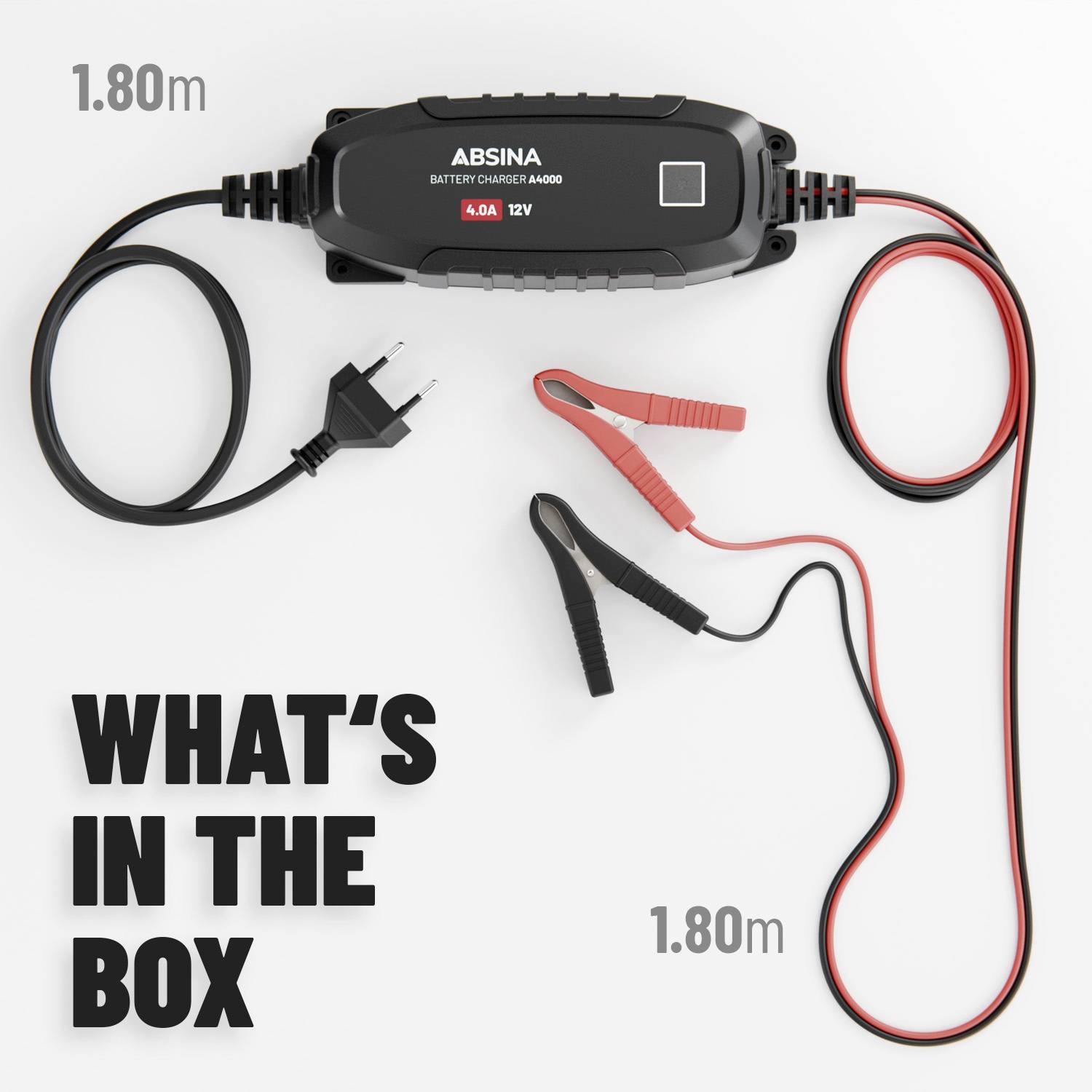 Batteriladdare med 1,8 m kabel, klämmor och nätkabel. Märkning: Vad finns i lådan. För 12V batterier med 4,0A laddningsström.