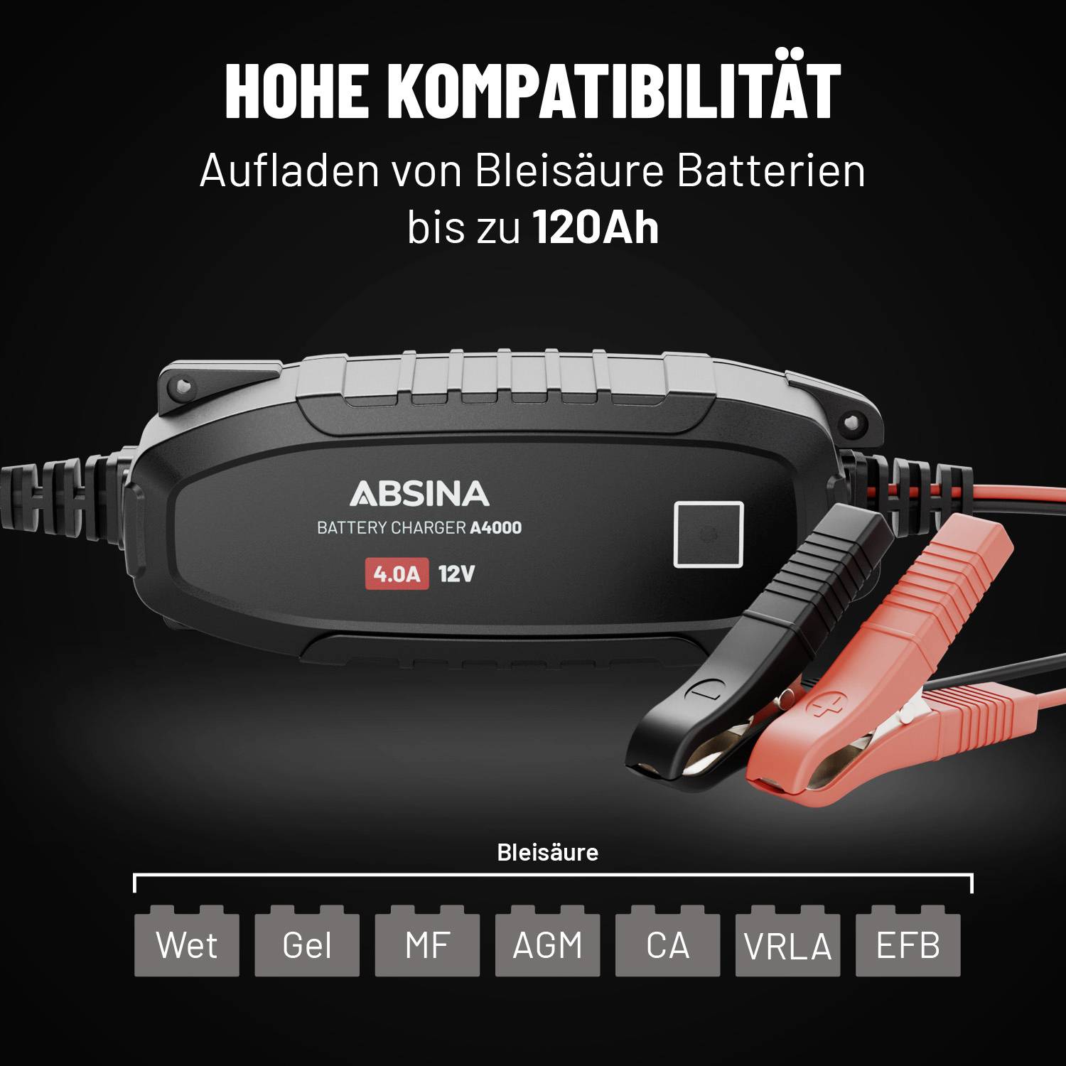 En batteriladdare 'Absina Battery Charger A4000' med klämmor. Texten informerar om 'Hög kompatibilitet' med blysyrabatterier upp till 120Ah.