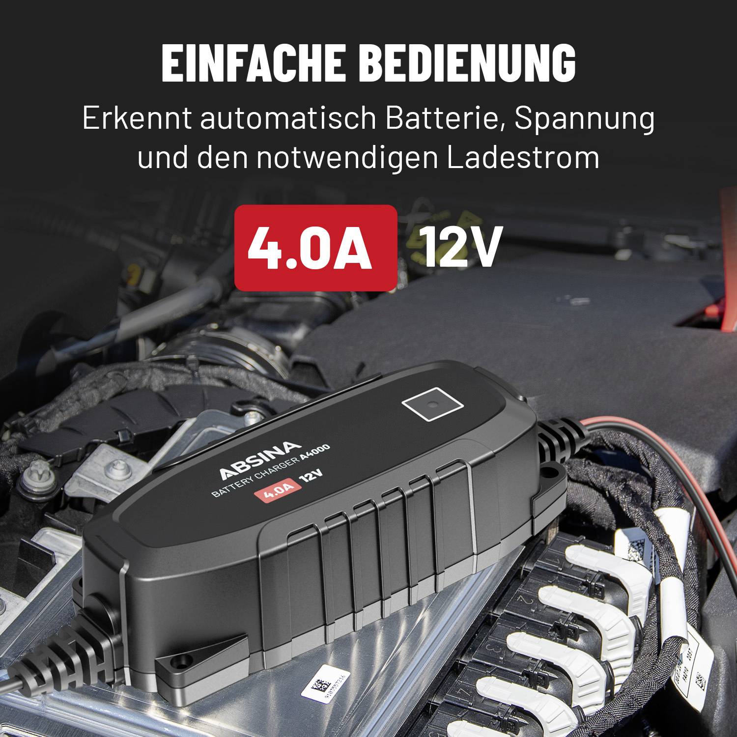 Laddare för bilbatteri, text: 'Enkel användning', effekt: '4.0A 12V', identifierar nödvändiga parametrar för laddningsprocessen.