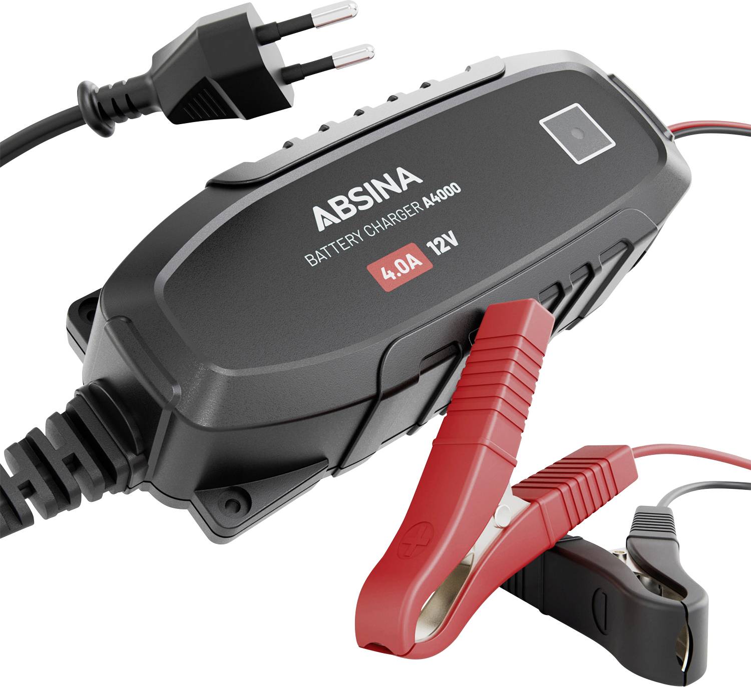 Absina laddare för batteri A4000, 4,0A, 12V med två klämmer. Apparat för laddning av fordonsbatterier. Kabel med EU-kontakt.