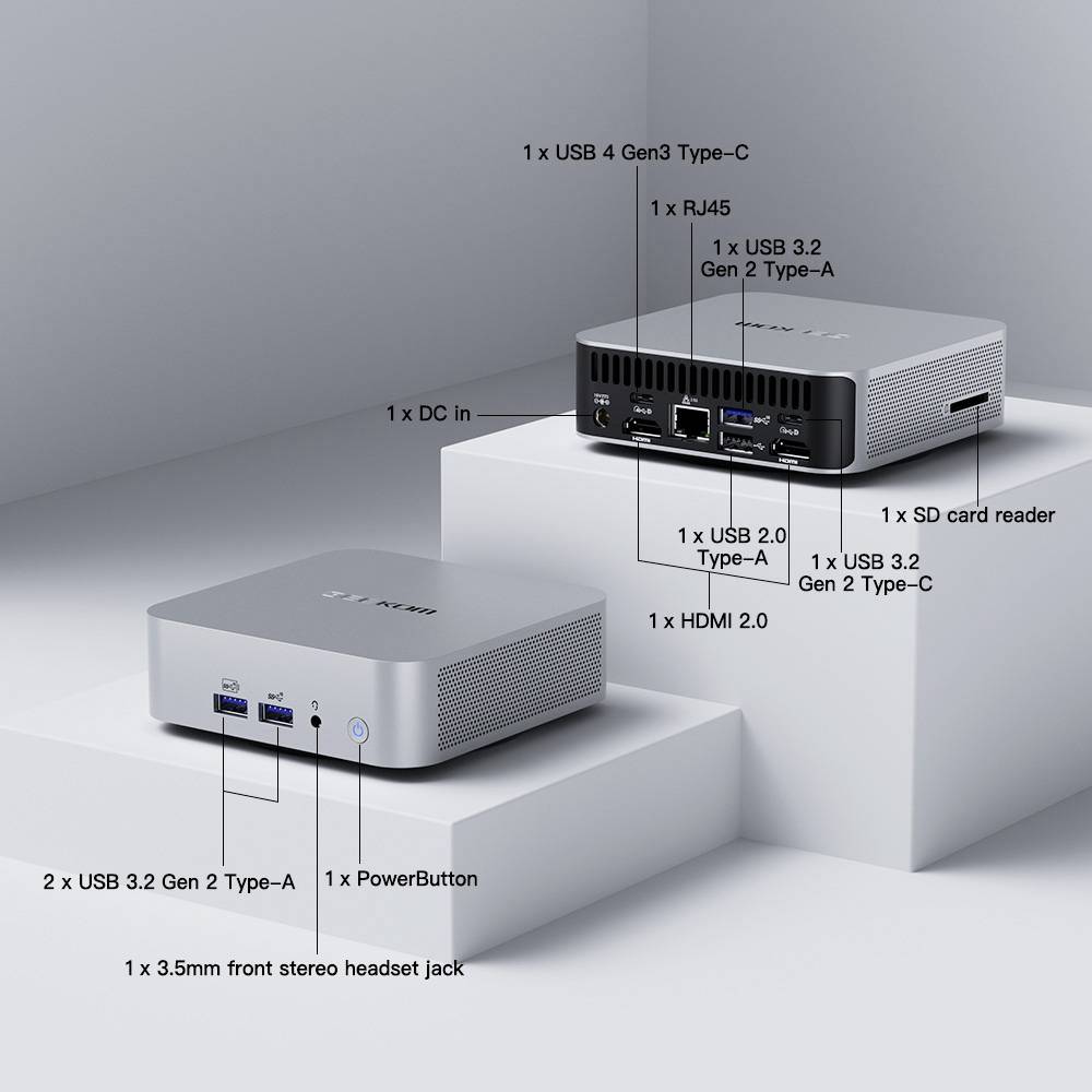 Två mini-datorer på piedestaler, en framifrån, den andra från sidan. Anslutningar: USB-C, HDMI, SD-kortläsare, påknapp, ljuduttag.