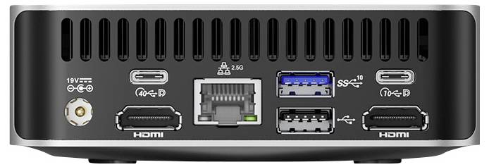 Baksidesvy av en mini-PC med flera anslutningar: två HDMI, en Ethernet, fyra USB (två Typ-C, två Typ-A), antennuttag.