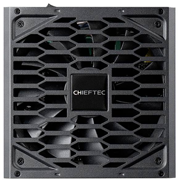 Bilden visar ett Chieftec nätaggregat med en stor inbyggd fläkt och ett markant gallerdesign, perfekt för PC-kylning.