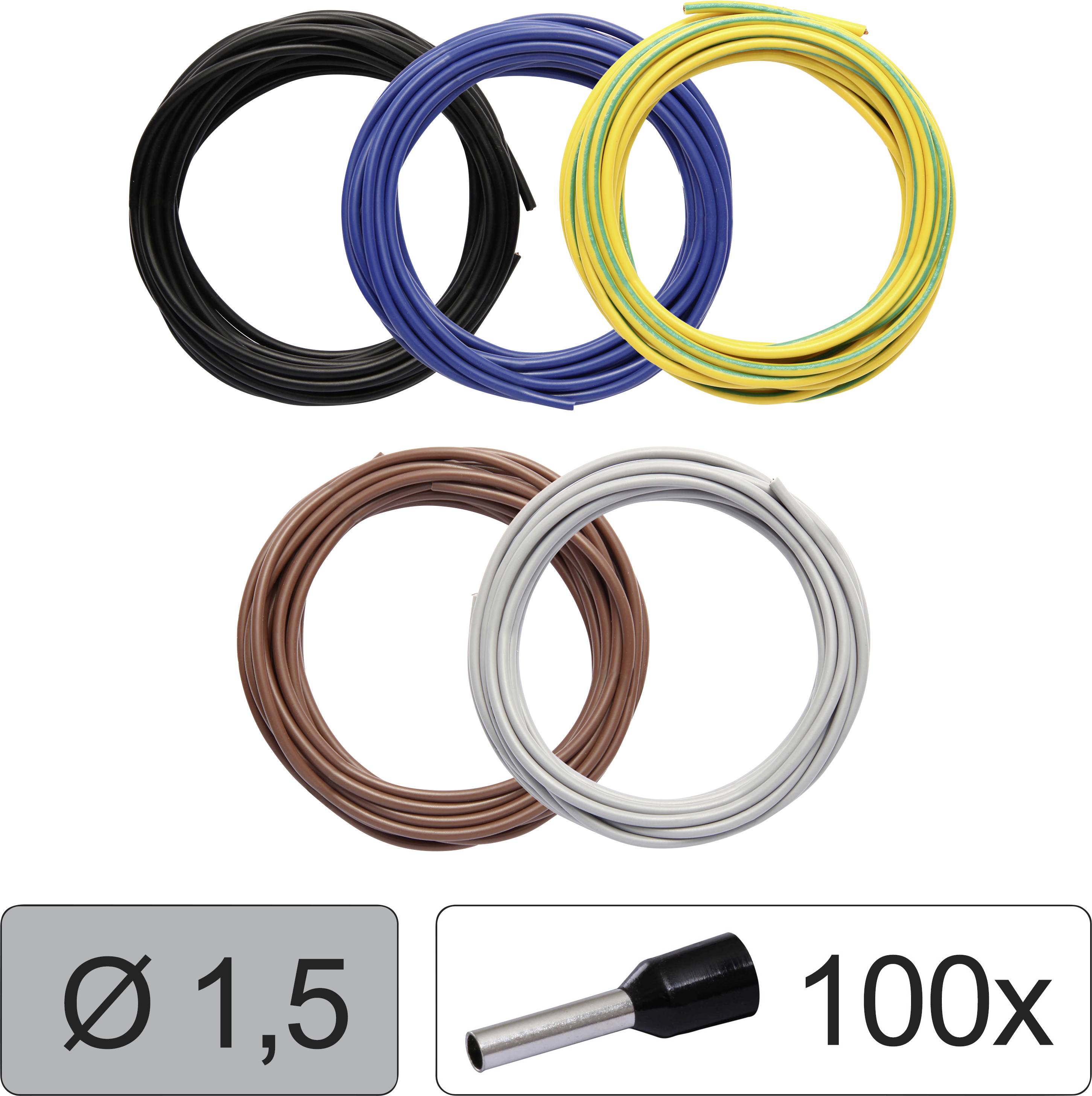 Fyra kablar i svart, blå, gul-grön, brun och grå. Nedanför: Symbol för diameter 1,5 mm, bredvid 100 ändhylsor.