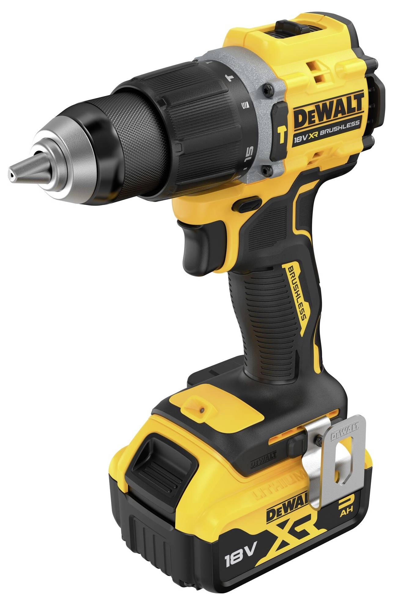 En gul-svart sladdlös skruvdragare från DeWalt med 18V-märkning, visar ett robust handtag och ett löstagbart batteri på undersidan.