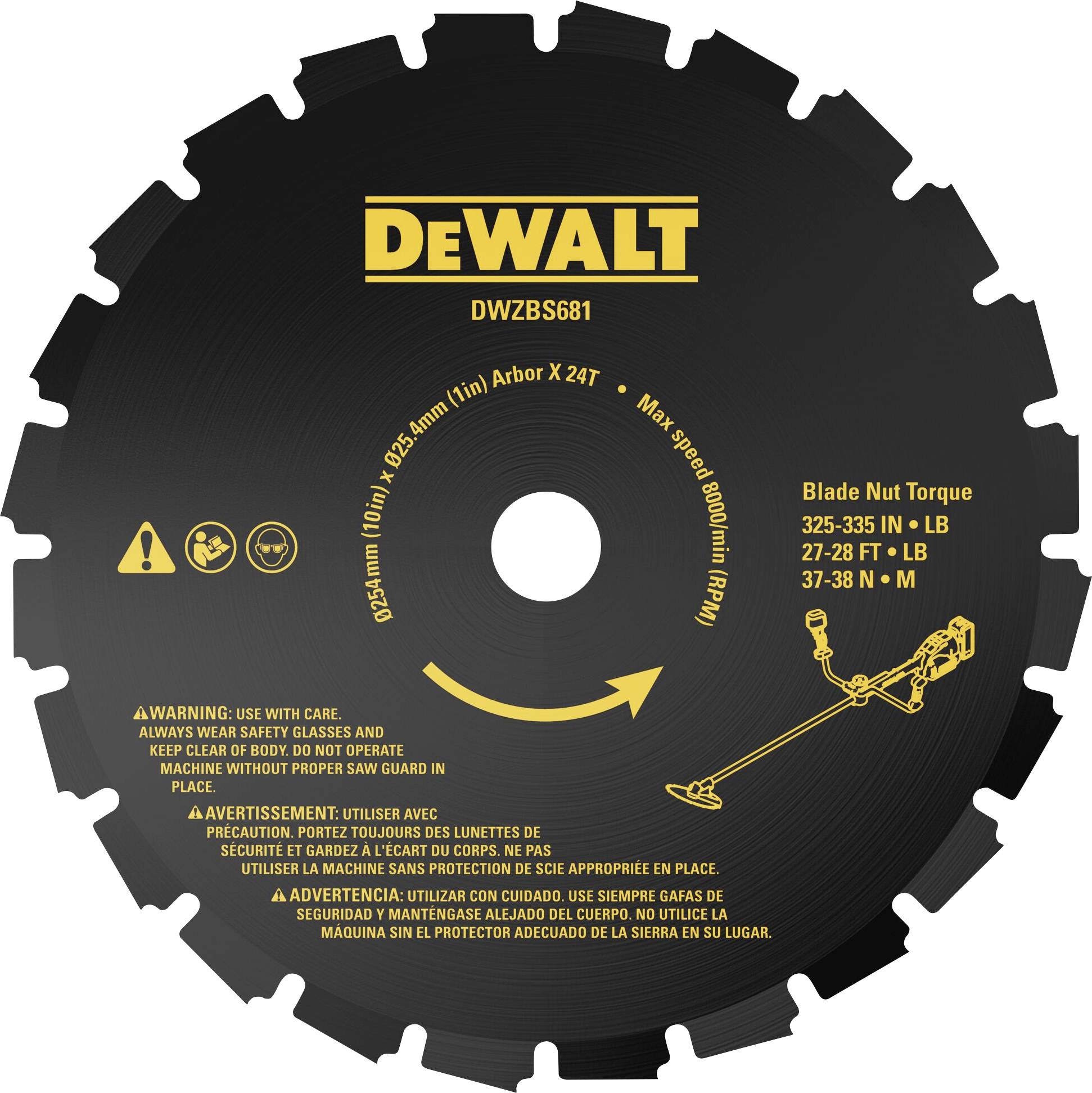 Kreissågblad från DeWalt med 125 mm diameter. Text: 'DWZBS681', 'Maximal hastighet', '325-335 in/lb', 'Varning: Använd skydd'.