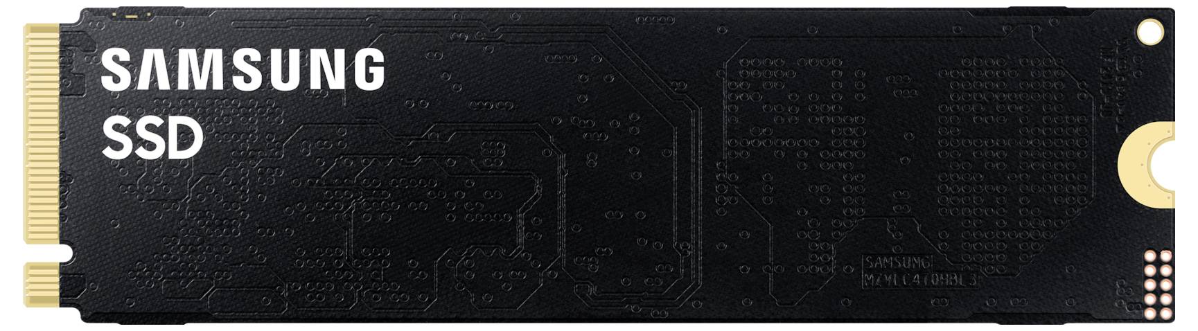 En svart Samsung SSD med guldkontakter.