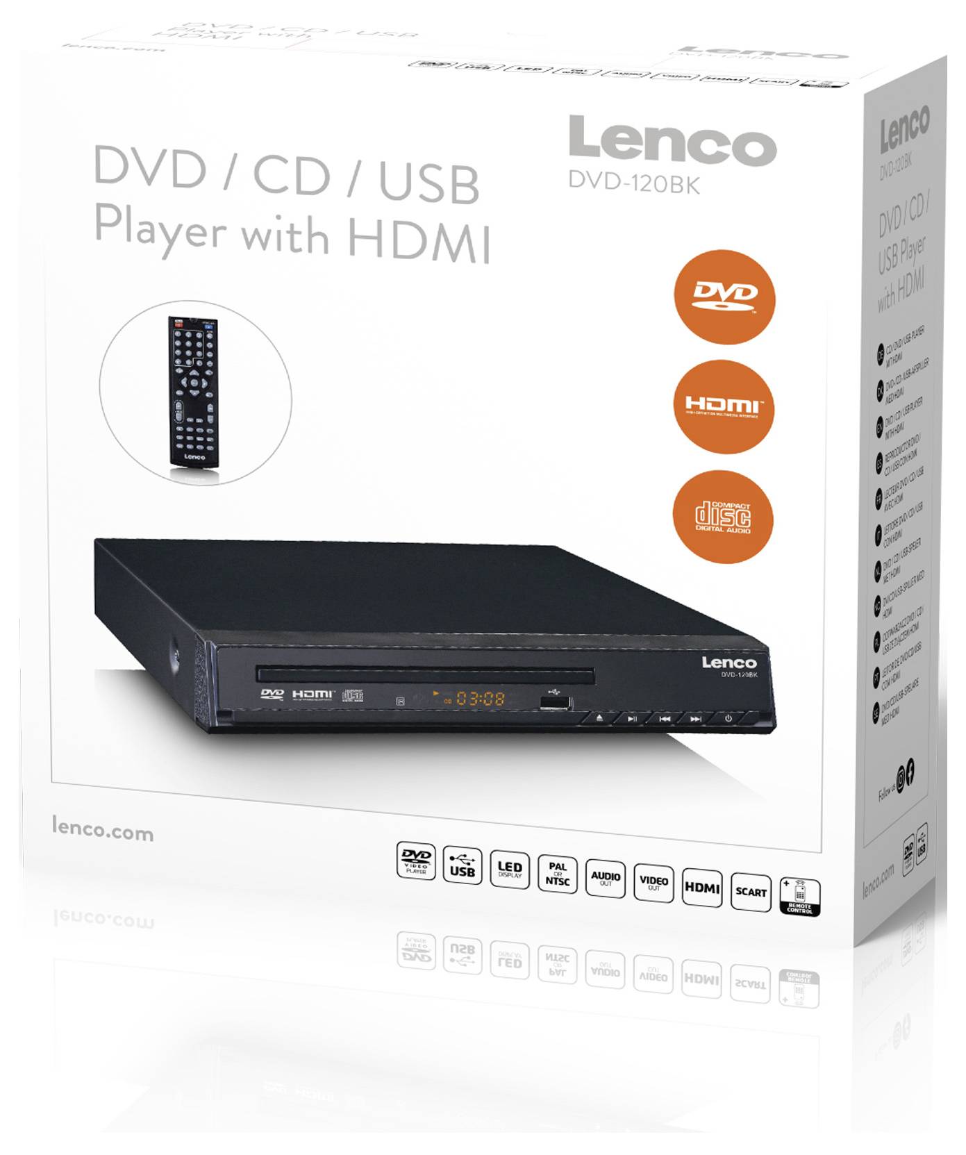 Lenco DVD-120BK DVD/CD/USB-spelare med HDMI, svart. Förpackningen visar fjärrkontroll och logotyper för DVD, HDMI, USB, CD-funktioner.
