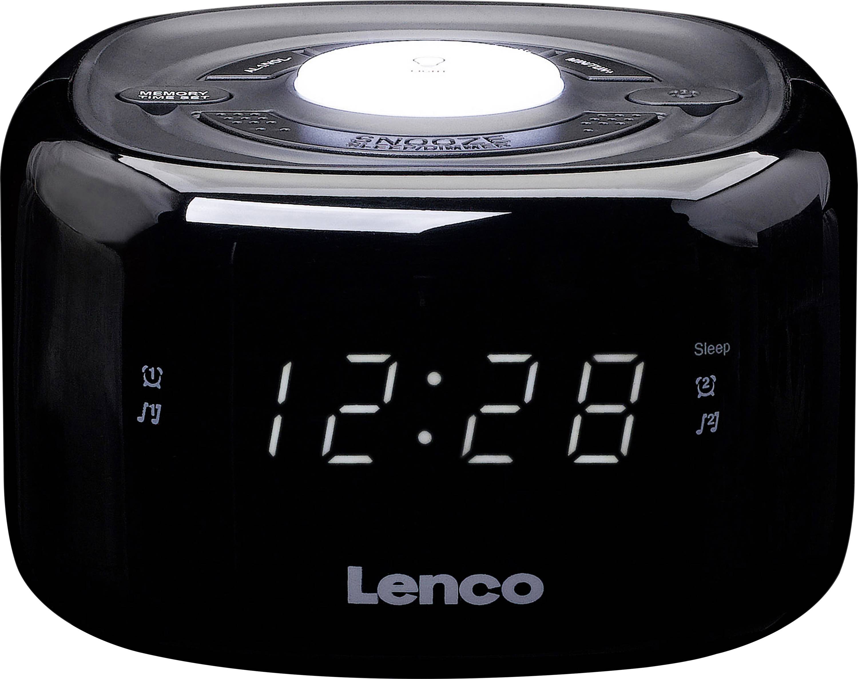 Svart väckarklocka med LED-display, visar 12:28. Ovanpå finns knappar för manövrering. Varumärket "Lenco" syns på framsidan.