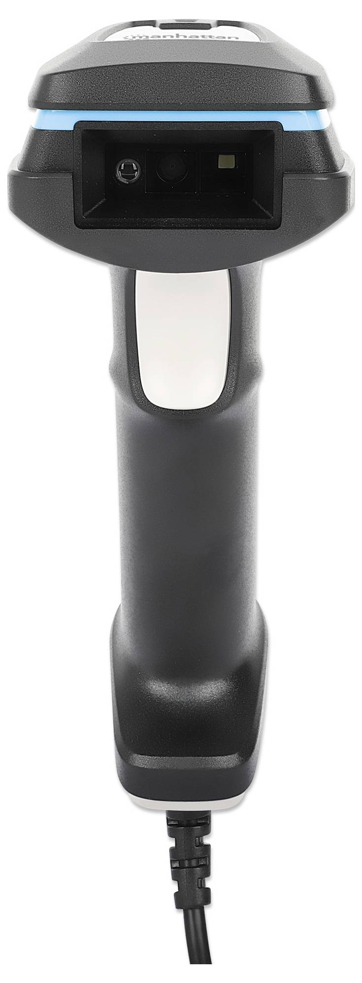 En handhållen scanner med svart hölje och blå linje på framsidan, lämplig för avläsning av streckkoder. Kabel ansluten nedtill.