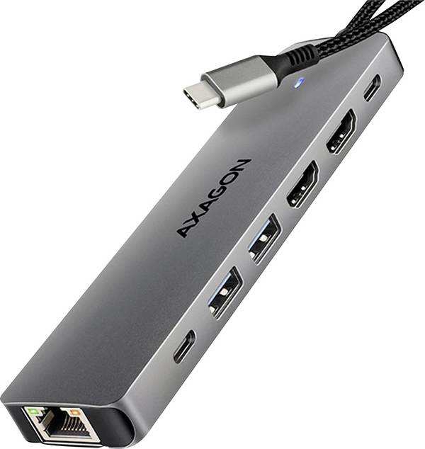 AXAGON USB-C®-dockningsstation AXAGON HMC-7HX2 USB-Hub, 2x USB-A, 1x USB-C, 2x HDMI 2.0, 1x RJ45, 100 W PD Passar till följande märken: univerzálny inkl. laddningsfunktion-lås