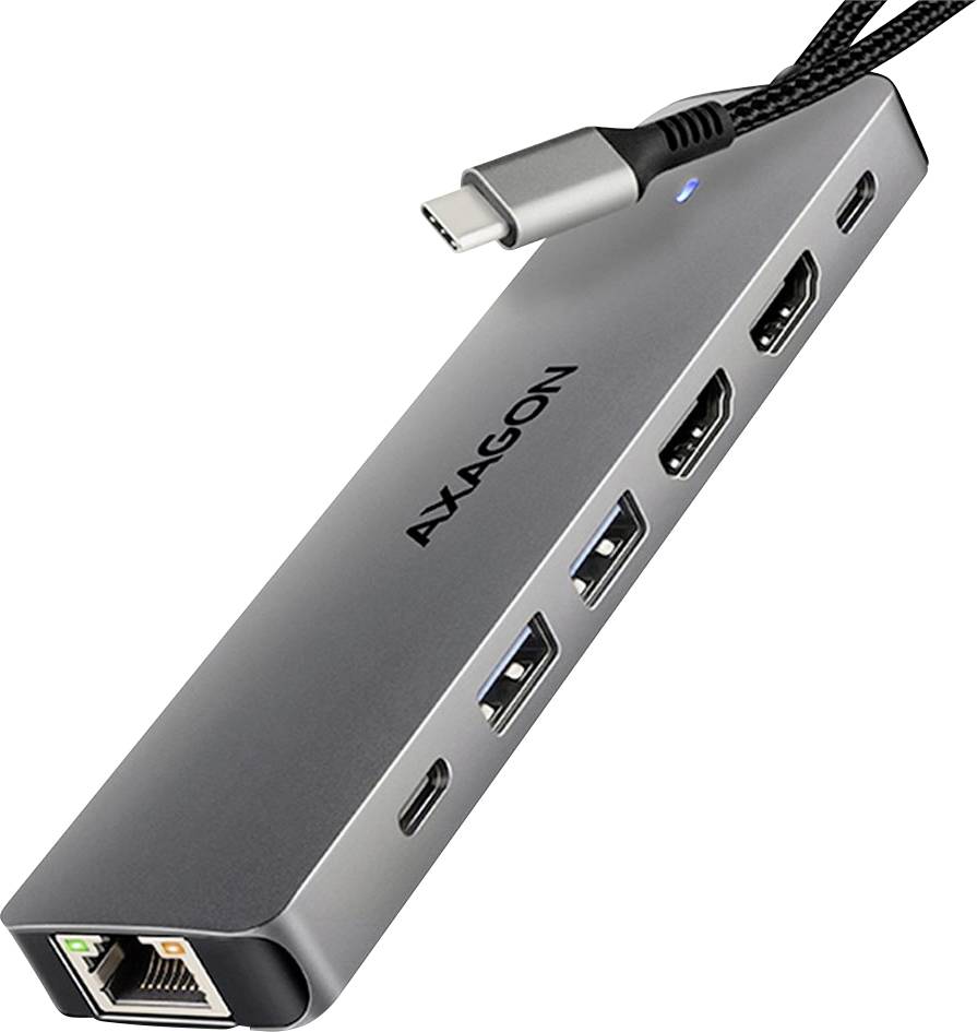 En USB-C-hubb med flera anslutningar, däribland HDMI, USB-A och Ethernet, för utökad anslutningsbarhet och dataöverföring.