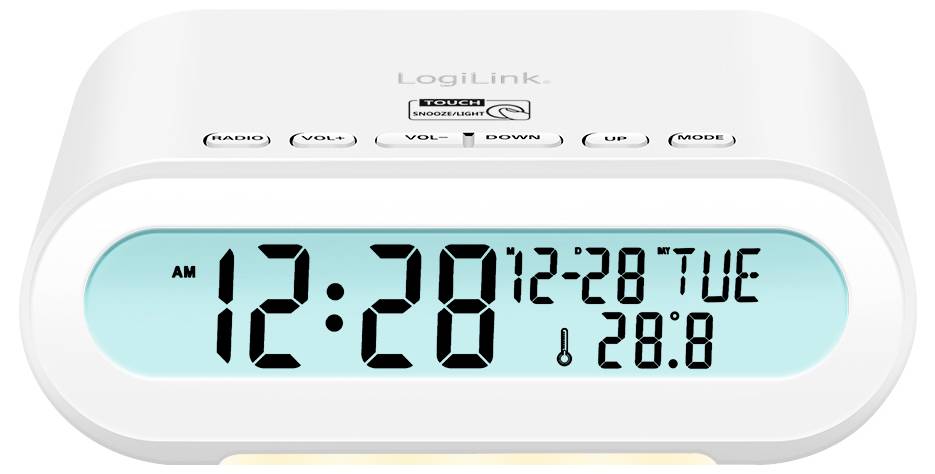 Digital klocka visar '12:28' med datum '12-28 TIS' och temperatur '28,8°C' på blå display. Knappar: Radio, Volym, Upp, Ner, Läge.