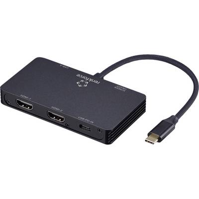 En USB-C-hubb med två HDMI-portar, en USB-C-port och en kort ansluten kabel. Varumärkesnamnet är synligt på enhetens yta.