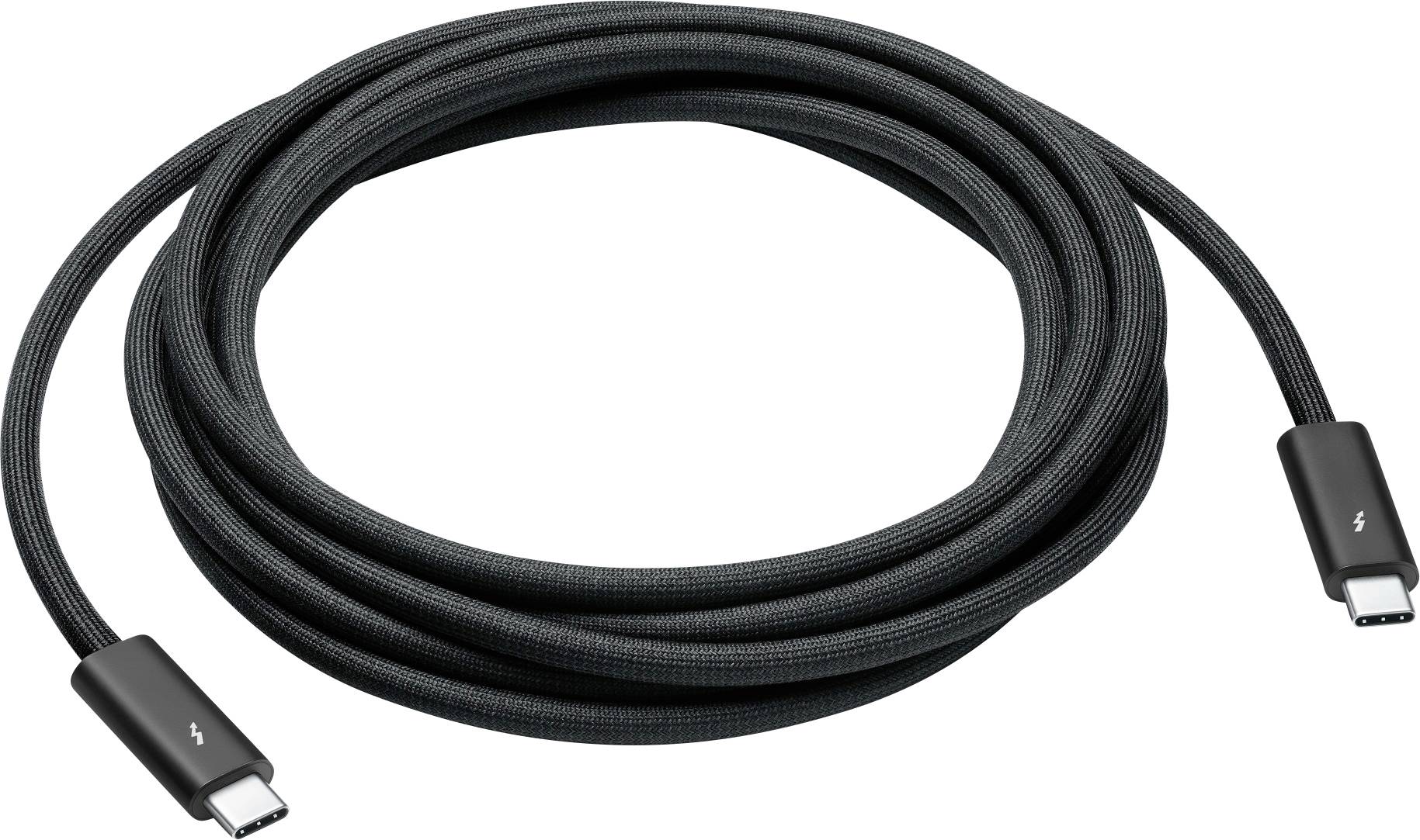 Svart, flätad USB-C-kabel, upprullad med två identiska kontakter i ändarna, lämplig för dataöverföring och laddning.