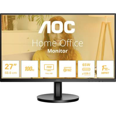 AOC-skärm för hemmakontor, 27 tum, 100 Hz, Full HD, Adaptiv Sync, 65W USB-C, 1 ms responstid. Bakgrund: leende person.
