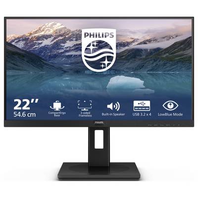En Philips-skärm med 22 tums skärmdiagonal. Funktioner: CompactErgo-bas, kantlös design, högtalare, USB 3.2, LowBlue-läge.
