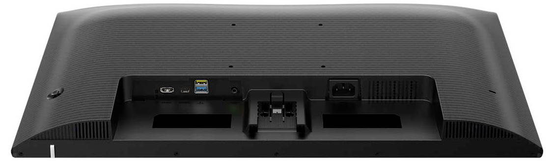 Baksidan av en datorskärm med anslutningar: DisplayPort, HDMI, USB, nätverksanslutning. Svart plastchassie med ventilationsöppningar.