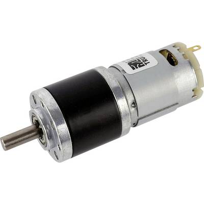 En kompakt likströmsmotor med en silver och svart cylindrisk kropp, utrustad med en etikett på sidan som anger specifikationer och varumärkesuppgifter.