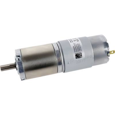 En cylindrisk DC-motor med en påmonterad växellåda, visande en etikett med tekniska specifikationer.
