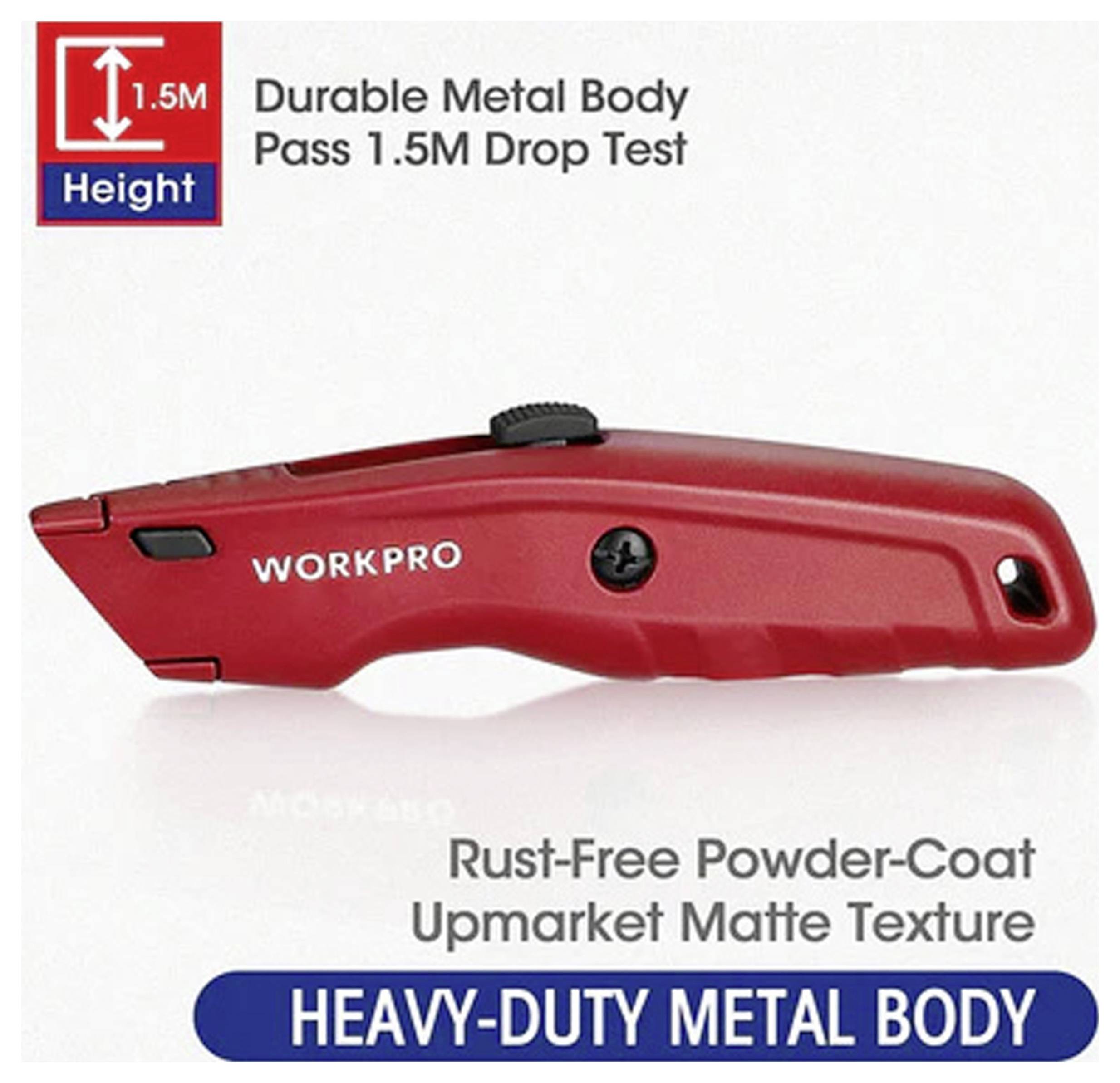 Röd multikniv med 'WORKPRO'-etikett, robust metallkropp, rostfri pulverlackering, exklusiv matt finish. Klarar falltest från 1,5 meters höjd.