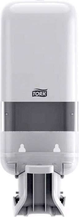 Väggmonterad Tork plasttvålbehållare i rektangulär form med avrundade hörn, lämplig för hygienisk handtvätt.