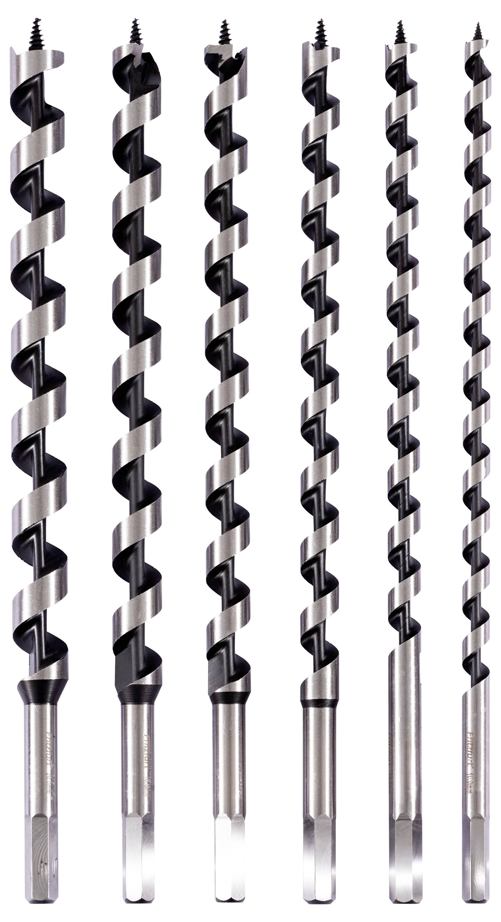 Sju stålborr med skruvform i olika längder, arrangerade vertikalt och uppvisande sin spiraldesign som används för att borra i trä.