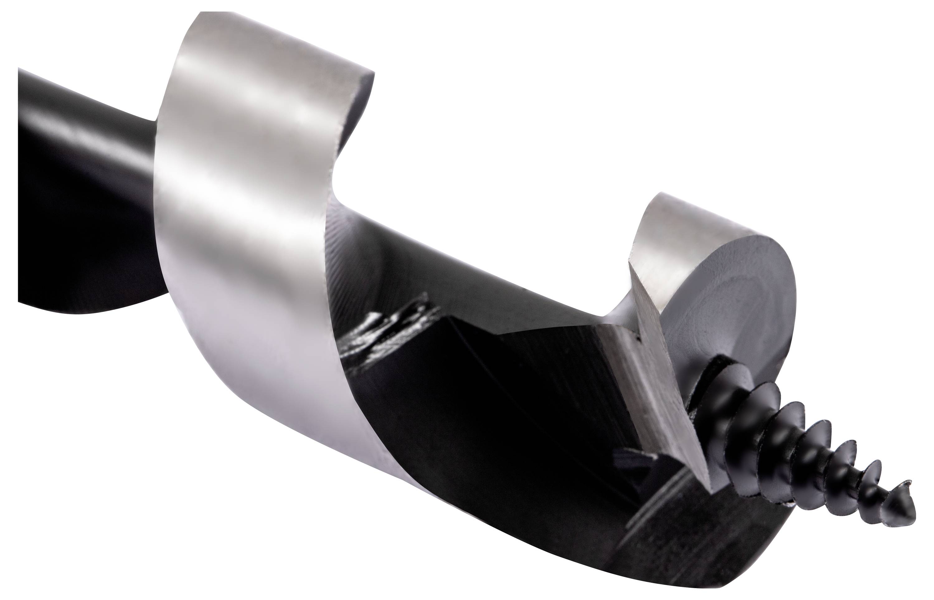 Närbild av ett svart borr med skruvformad design, med blank metallfinish, som visar den spiralformade designen och den spetsiga änden, avsett för borrning.