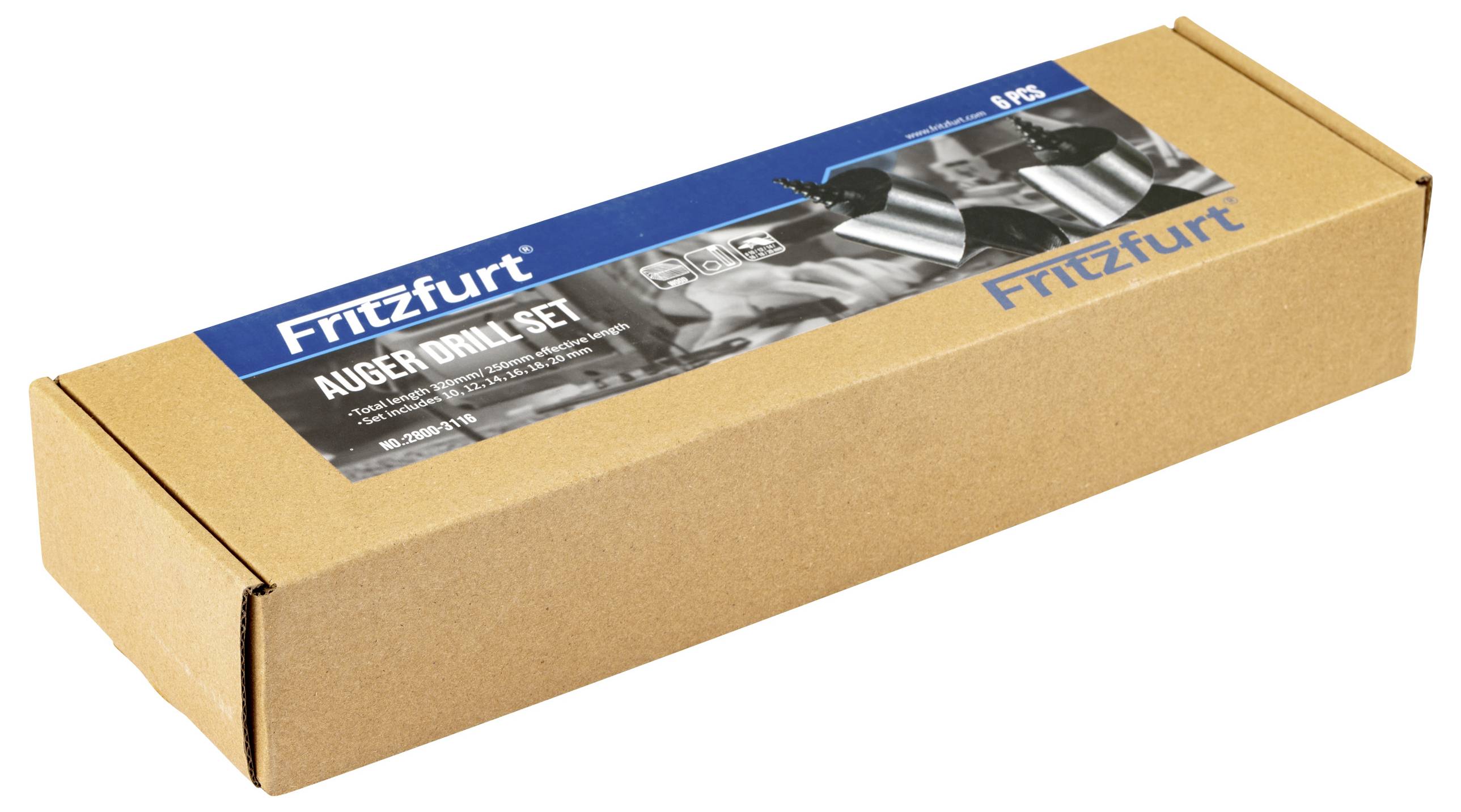 En rektangulär ljusbrun låda med etiketten 'Fritzfurt Borrsats'. Etiketten har en blå bakgrund och bilder av borren och borrbitarna.