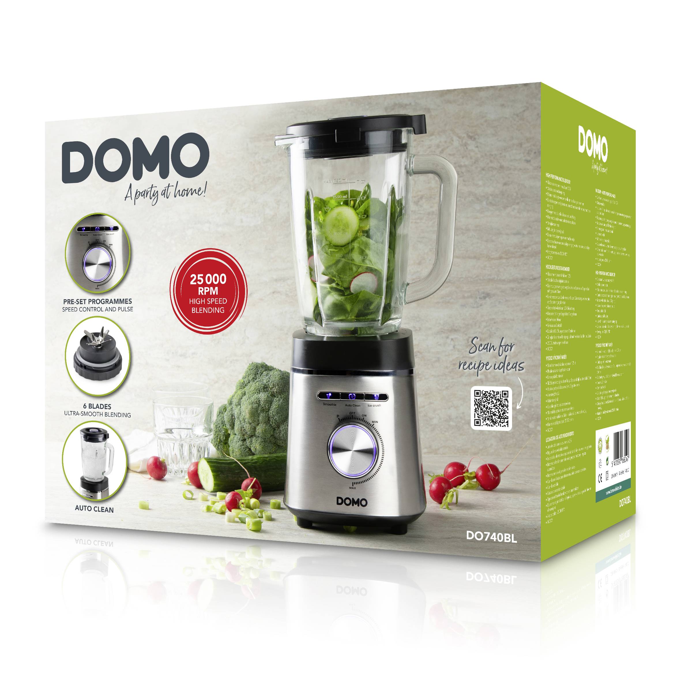 Mixer-förpackning med avbildning av apparaten, grön smoothie och grönsaker. Text betonar 25.000 varv/min, program och självrengöring.