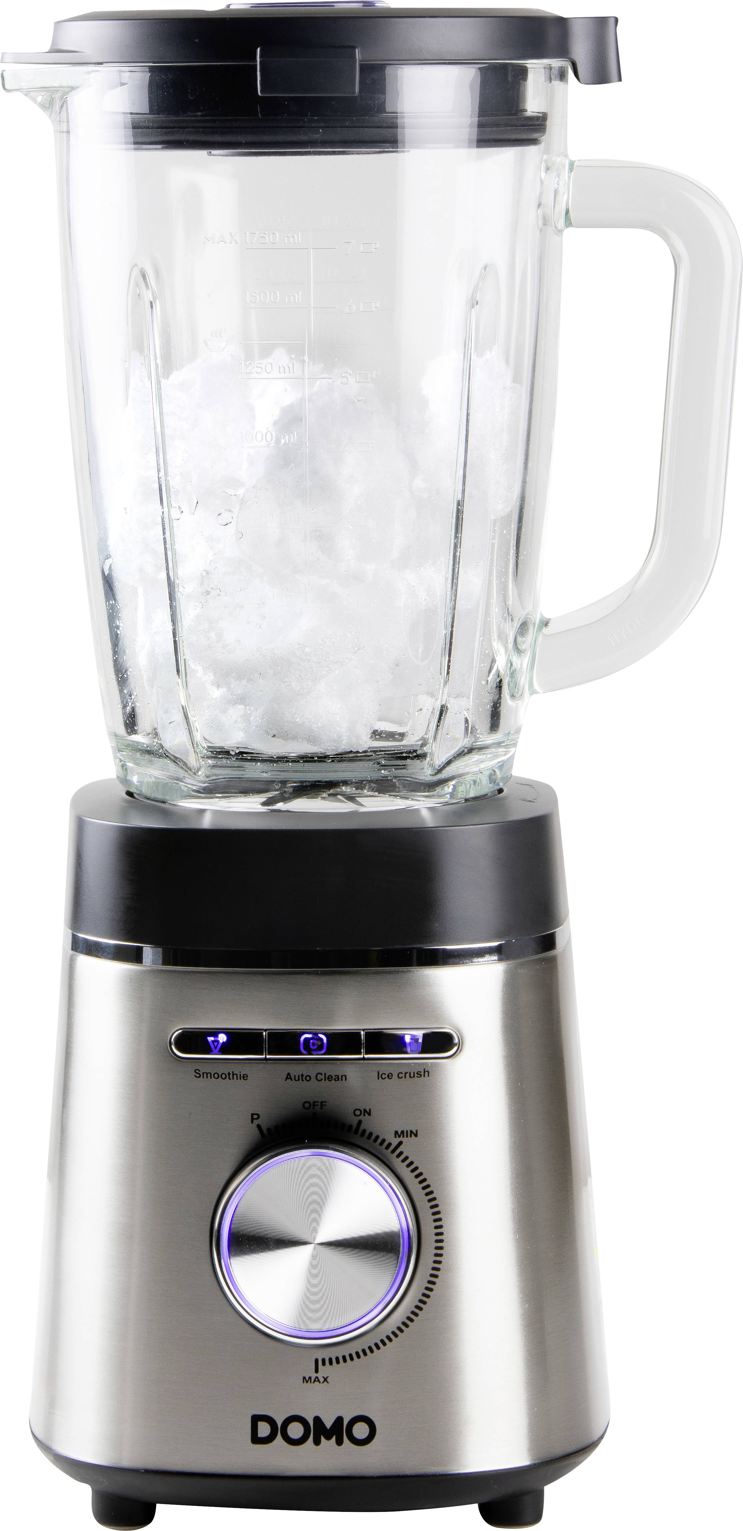 En silverfärgad stavmixer med en glasbehållare fylld med iskuber, redo att förbereda drycker eller smoothies.