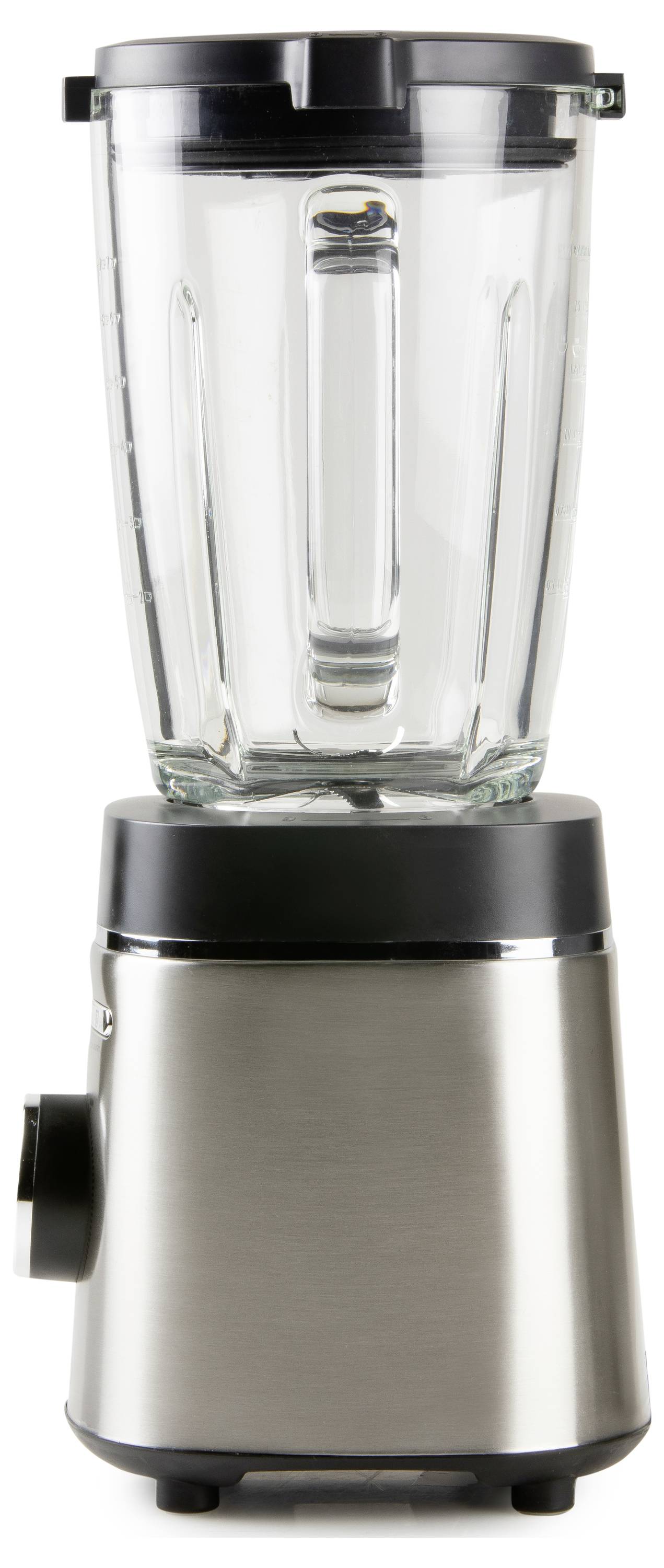En rostfri stående mixer med en transparent glaskanna och svart lock, perfekt för att mixa drycker och matvaror.