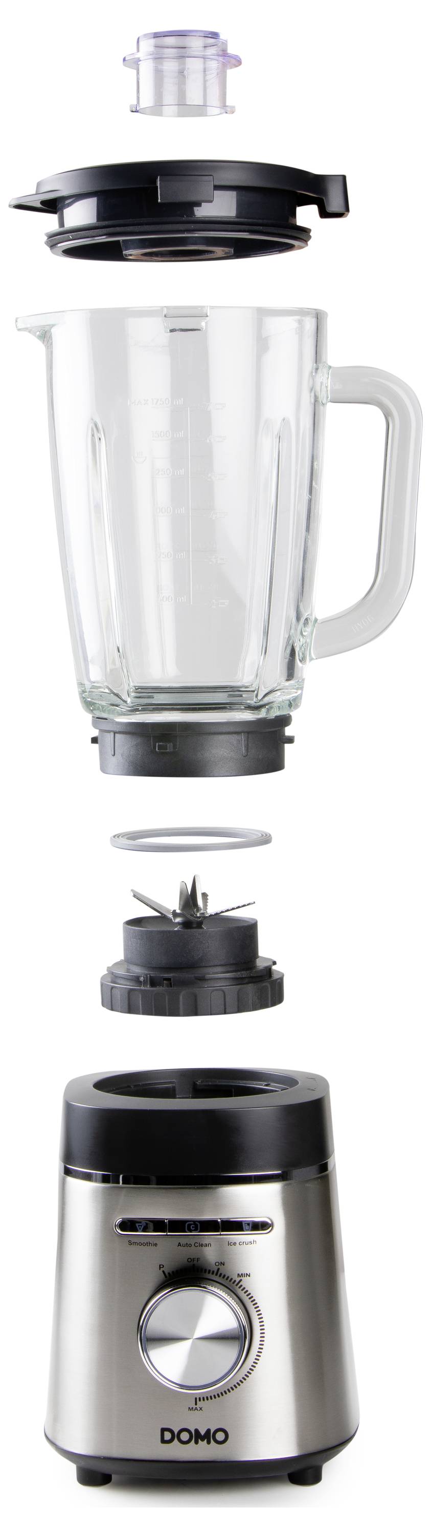 Mixer bestående av fyra delar: lock, kanna med handtag, knivinsats och bas med vred. Kannan är genomskinlig.