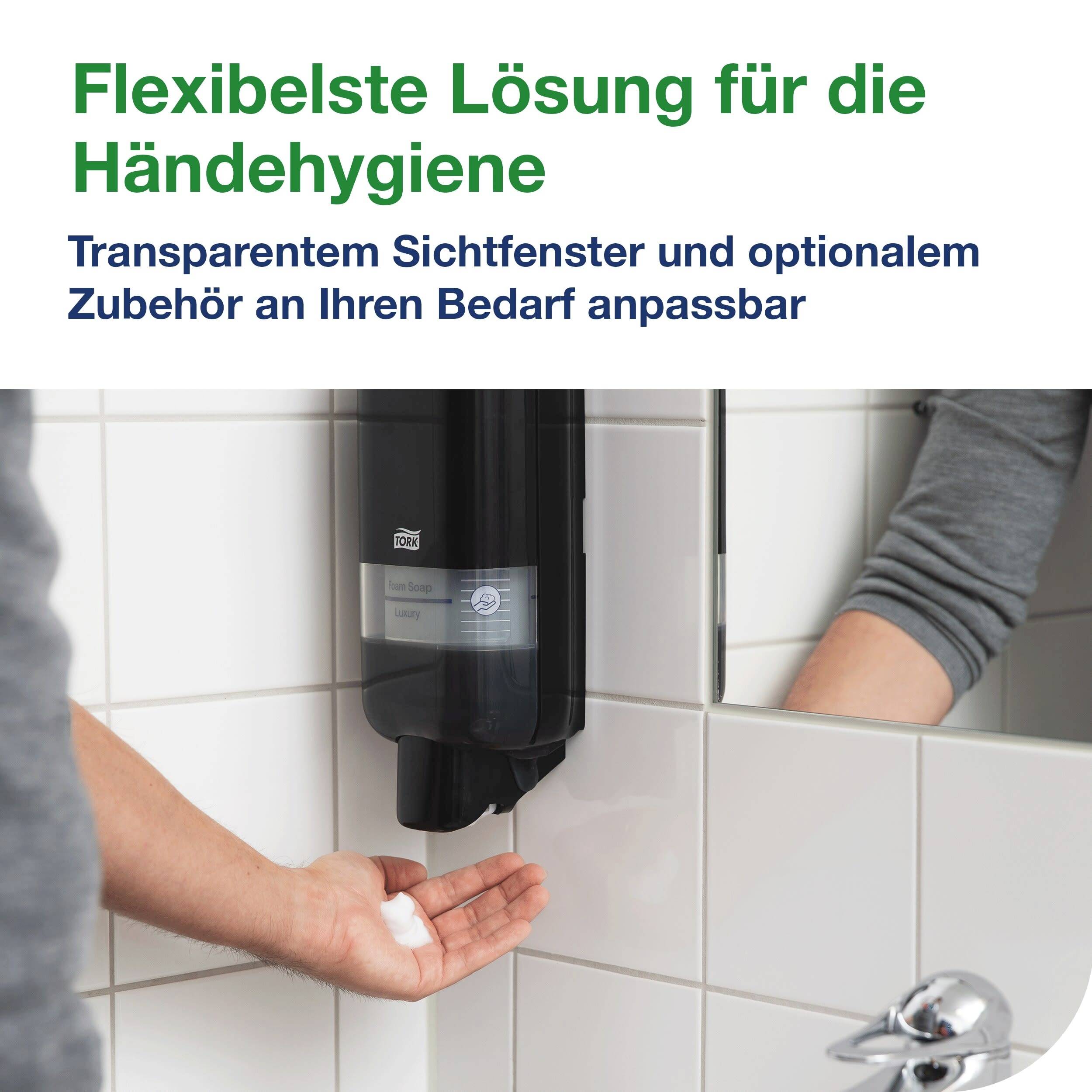 En handdesinfektionsdispenser, användarvänlig med ett siktfönster, visar desinfektionsgel applicerat på en hand.