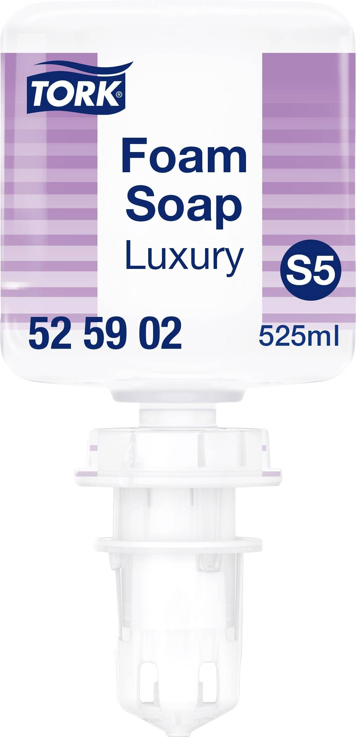 TORK Skumtvål Luxury i en transparent dispenser med lila ränder, 525 ml. Produktkod: 52 59 02.