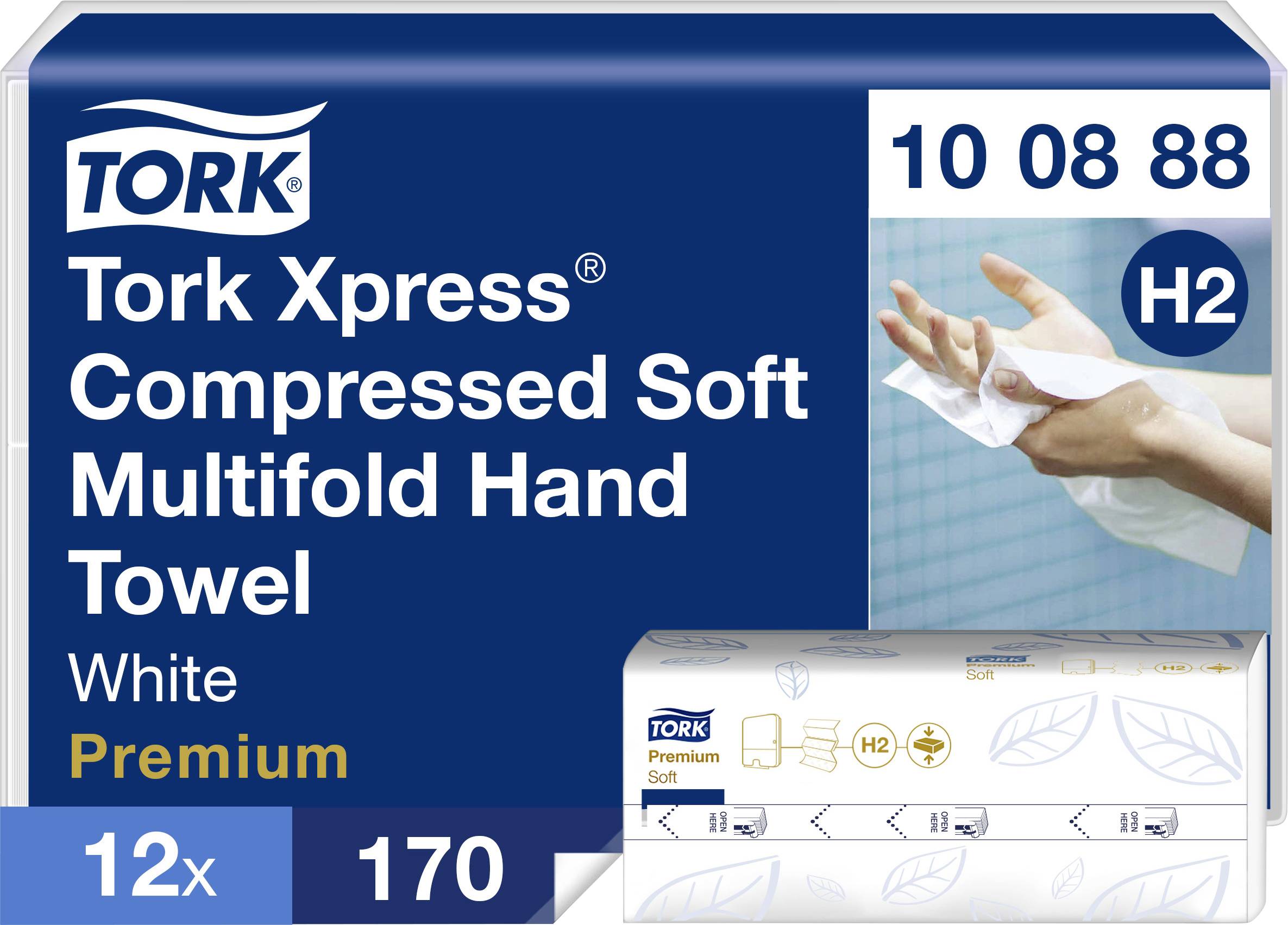 Förpackning av Tork Xpress Komprimerade Mjuka Multifold Handdukar, Vita, Premium, 170 st i 12-pack, H2-kvalitet.
