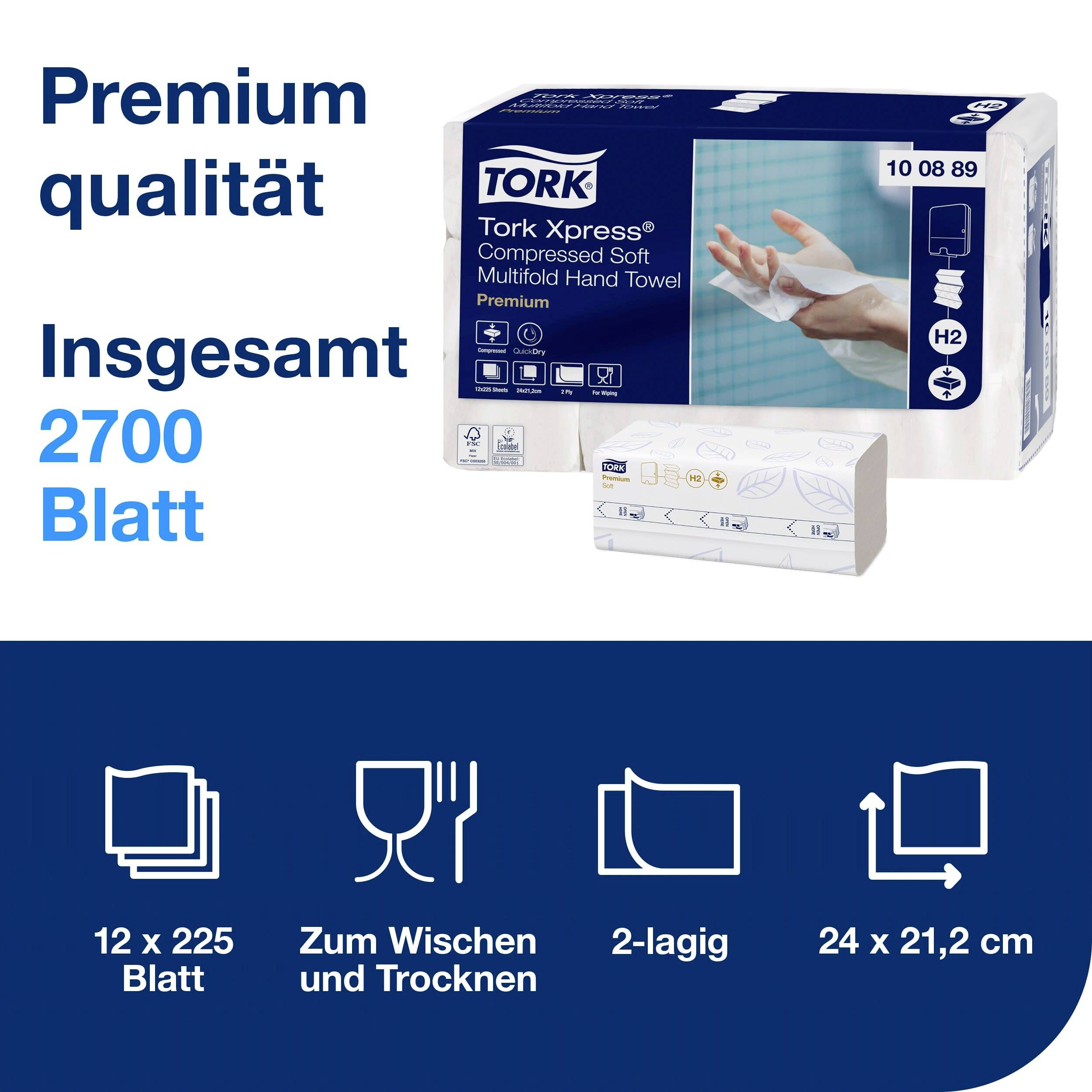 Premiumkvalitet: Tork Xpress pappershanddukar. 12 paket, 225 ark per paket. Perfekt för torkning av händer. Storlek: 24 x 21,2 cm.
