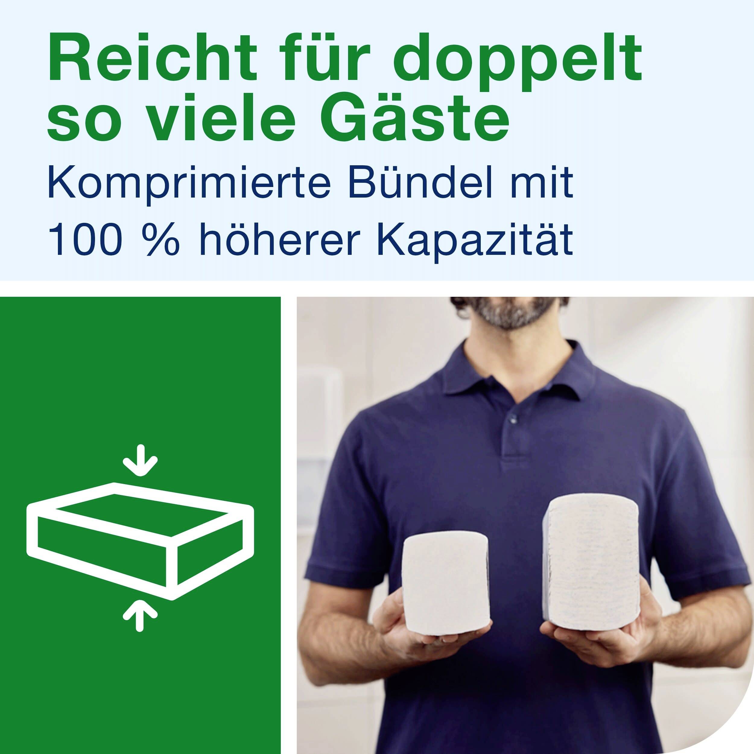 En man håller två högar av handdukar. Till vänster en symbol för komprimerade paket. Text: Räcker till dubbelt så många gäster med 100 % högre kapacitet.