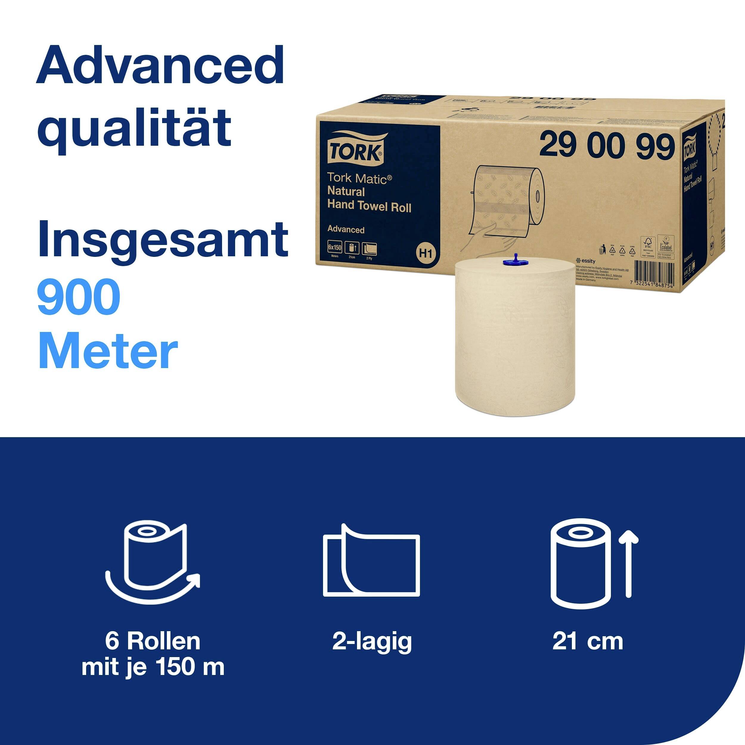 'En kartong med Tork Matic handdukar, 6 rullar, varje 150 m. Totalt 900 meter, 2-skiktat, bredd 21 cm. Advanced-kvalitet.'